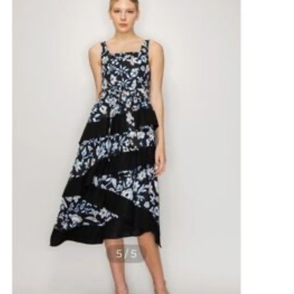 MELLODAY Floral Black and White Tiered Midi Dress 100% Cotton Asymetrical Dress